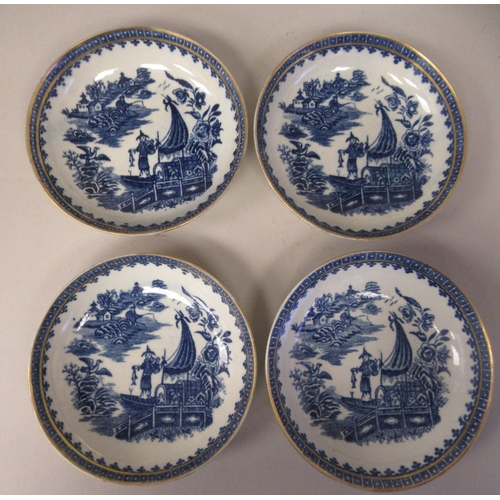 109 - A set of five late 18thC Worcester porcelain tea bowls and four matching saucers, decorated in blue ... 