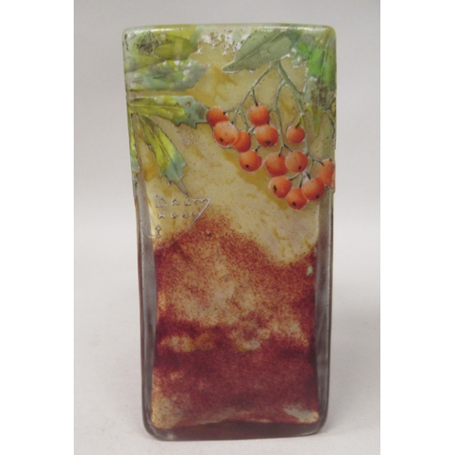 134 - A Daum Nancy glass rectangular box vase, decorated in coloured enamels with holly and red berries  5... 