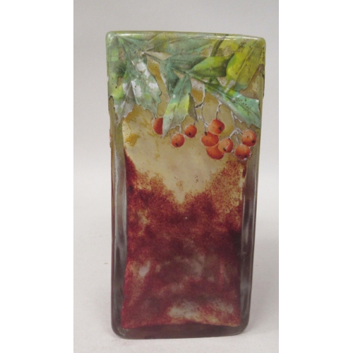 134 - A Daum Nancy glass rectangular box vase, decorated in coloured enamels with holly and red berries  5... 