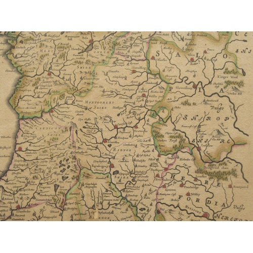 136 - A 17thC John Blaeu coloured map 'Wallia Principatvs Vulgo Wales' with a decoratively scrolled armori... 