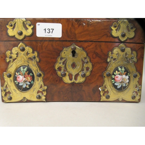 137 - A mid 19thC walnut veneered tea casket, having engraved decoratively cut and rivetted overlaid brass... 