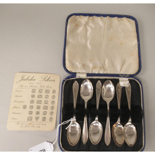 179 - A set of six silver teaspoons, bearing different English assay marks, to commemorate the Kings Silve... 