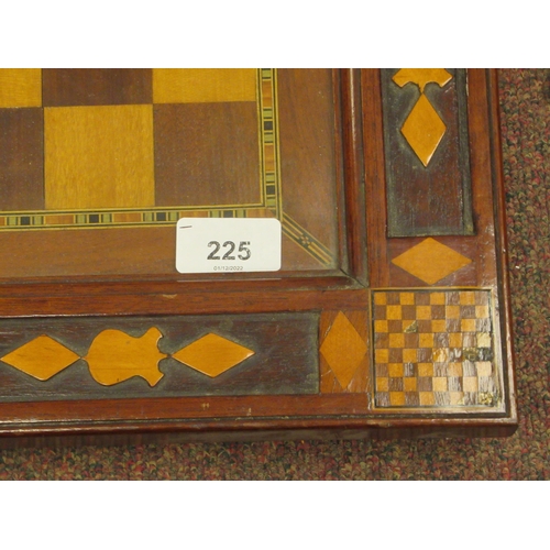 225 - A 19thC English inlaid mahogany chessboard, the border with chess related motifs and parquetry, the ... 