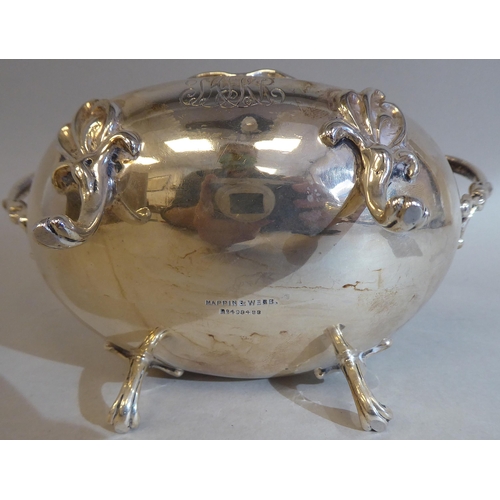 23 - A three piece silver tea set of oval, bulbous form with angled, pierced upstand rims, comprising a t... 