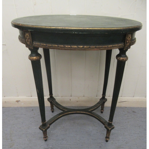 234 - An early 20thC Louis XVI style, green and parcel gilt occasional table, the oval top on tapered, ree... 