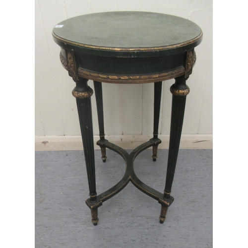 234 - An early 20thC Louis XVI style, green and parcel gilt occasional table, the oval top on tapered, ree... 