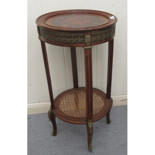 236 - An early 20thC French walnut, mahogany and marquetry tray-top stand with applied, gilded metal mount... 