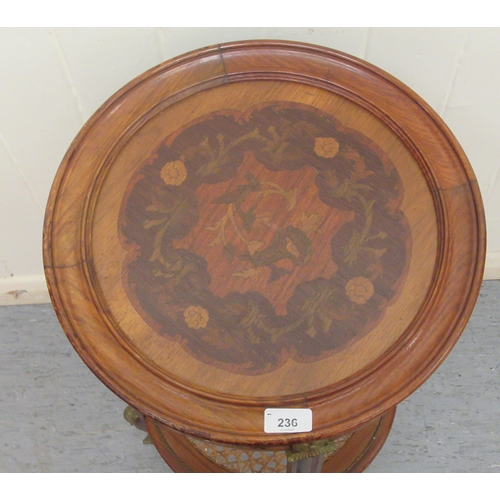 236 - An early 20thC French walnut, mahogany and marquetry tray-top stand with applied, gilded metal mount... 