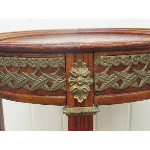 236 - An early 20thC French walnut, mahogany and marquetry tray-top stand with applied, gilded metal mount... 