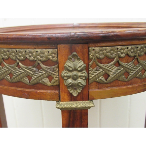 236 - An early 20thC French walnut, mahogany and marquetry tray-top stand with applied, gilded metal mount... 