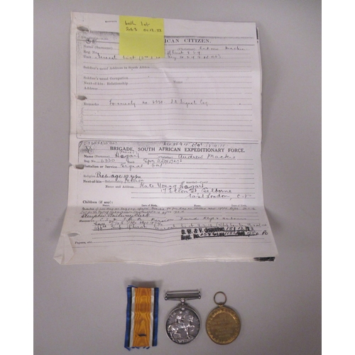 243 - A Great War 1914-18 British War medal and ribbon, inscribed A/L/epl. AM Hagart SARSCRE; and a Victor... 