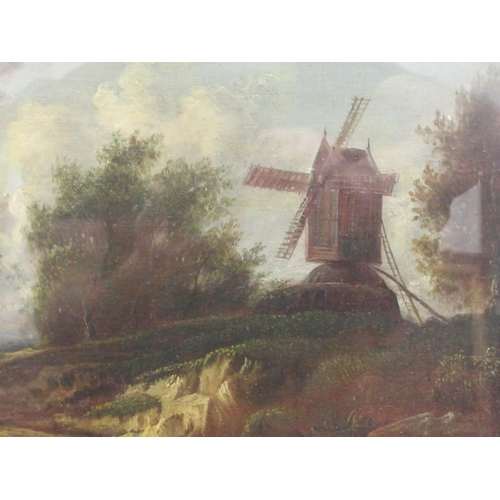 250 - 19thC Dutch School - a figure on a path in a landscape with a windmill  oil on panel  10.5