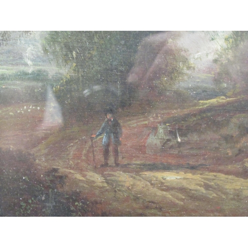 250 - 19thC Dutch School - a figure on a path in a landscape with a windmill  oil on panel  10.5