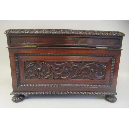 26 - A William IV inspired mahogany casket, having straight sides and a hinged lid with bead, stiff leaf,... 