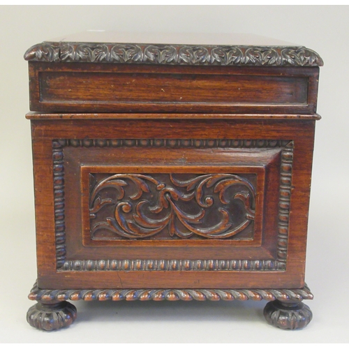 26 - A William IV inspired mahogany casket, having straight sides and a hinged lid with bead, stiff leaf,... 