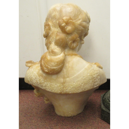 263 - A late 19thC, probably French, carved alabaster bust, a young woman in pensive pose, on a turned, mo... 