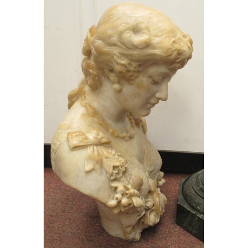 263 - A late 19thC, probably French, carved alabaster bust, a young woman in pensive pose, on a turned, mo... 