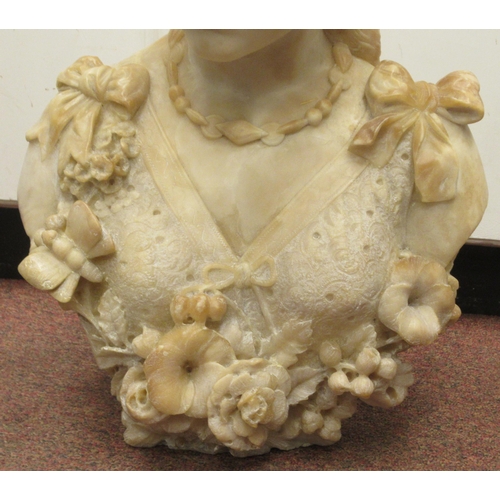 263 - A late 19thC, probably French, carved alabaster bust, a young woman in pensive pose, on a turned, mo... 