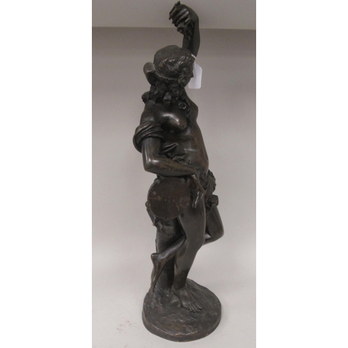 266 - A late 19thC French cast and patinated bronze standing classical nude, holding a tambourine  impress... 