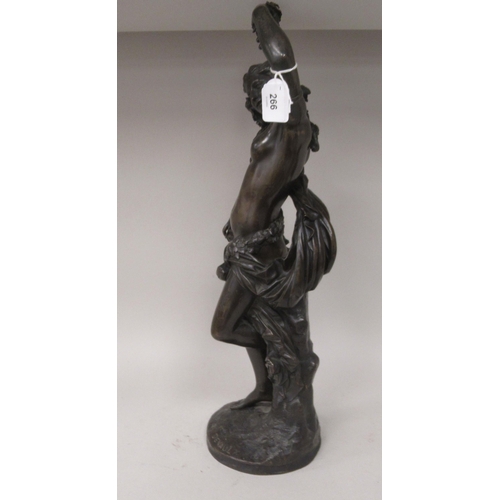 266 - A late 19thC French cast and patinated bronze standing classical nude, holding a tambourine  impress... 