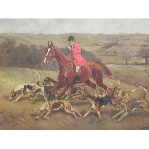 271 - Cuthbert Bradley - a pair of English fox hunt scenes with horses and hounds  oil on canvas  variousl... 