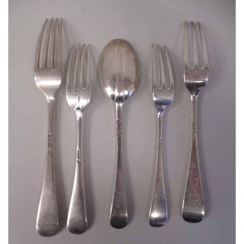 33 - Silver Hanoverian pattern flatware, viz. twelve table forks, twelve dessert forks and six spoons; pl... 