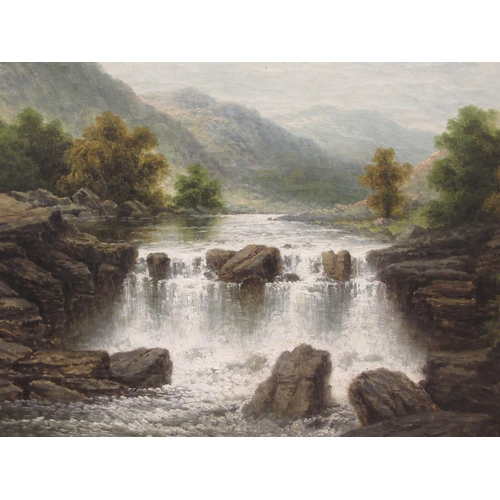 92 - JH Boel - a late Victorian highland landscape with a waterfall in the centre ground  oil on can... 