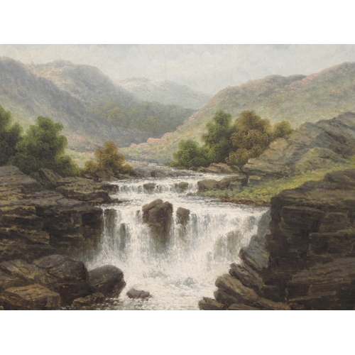 93 - JH Boel - a late Victorian highland landscape with a waterfall in the centre ground  oil on can... 