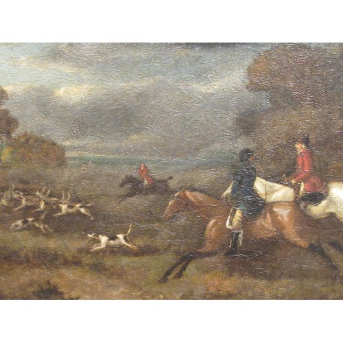 280 - A pair of 19thC studies, mounted huntsmen with fox hounds  oil on paper & card  16