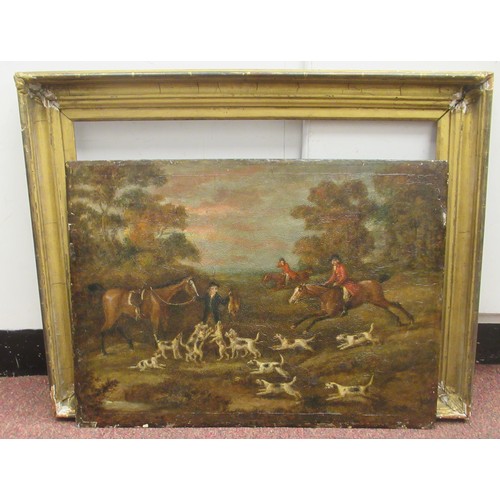 280 - A pair of 19thC studies, mounted huntsmen with fox hounds  oil on paper & card  16