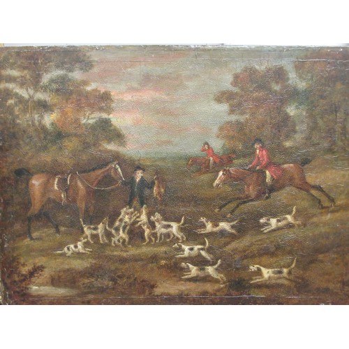 280 - A pair of 19thC studies, mounted huntsmen with fox hounds  oil on paper & card  16