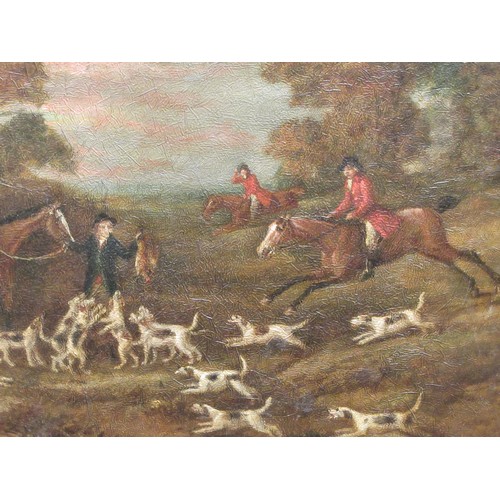 280 - A pair of 19thC studies, mounted huntsmen with fox hounds  oil on paper & card  16