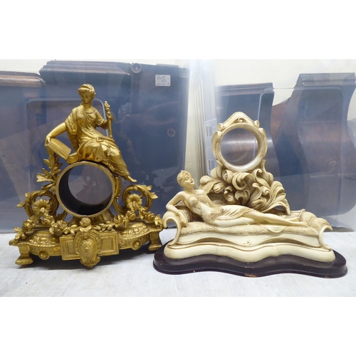 16 - Miscellaneous 19th and 20thC mantel clock cases: to include one, decoratively cast and gilded spelte... 