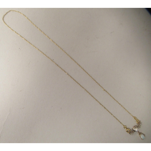 51 - A Victorian gold coloured metal, diamond, pearl and opal set necklet, on a fine elongated and ring l... 