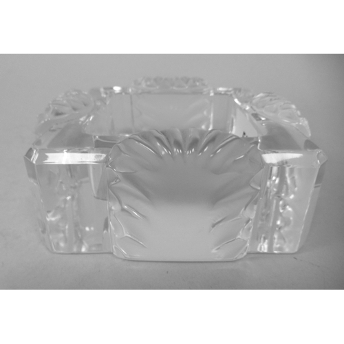 55 - An Art Deco inspired Lalique part frosted and chamfered crystal ashtray with moulded fan ornament  b... 