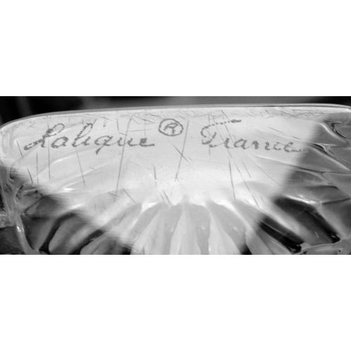 55 - An Art Deco inspired Lalique part frosted and chamfered crystal ashtray with moulded fan ornament  b... 