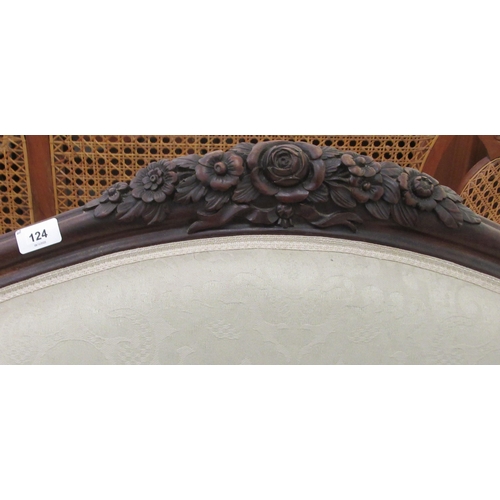 124 - A late Victorian mahogany framed salon settee with a grey fabric upholstered back and seat, raised o... 