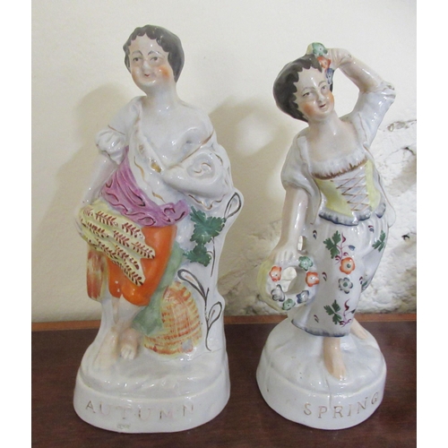 140 - Staffordshire pottery: to include a pair of early 19thC figures, 'Autumn' and 'Spring'  8.5