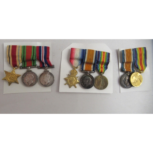 170 - Three miniature First and Second World War medal groups, on ribbons: to include 'The Defence Medal' ... 