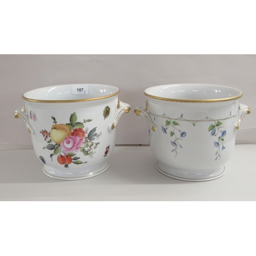 187 - Two Herend porcelain jardinières, one decorated with flowers and fruit, the other sweet peas&... 