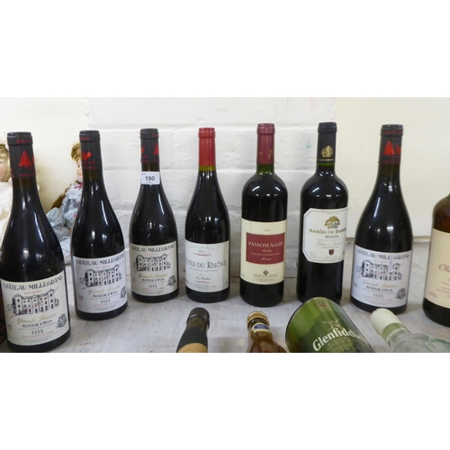 190 - Wines and spirits: to include a bottle of 2011 Cotes du Rhone; three bottles of 2009 Chateau Millegr... 