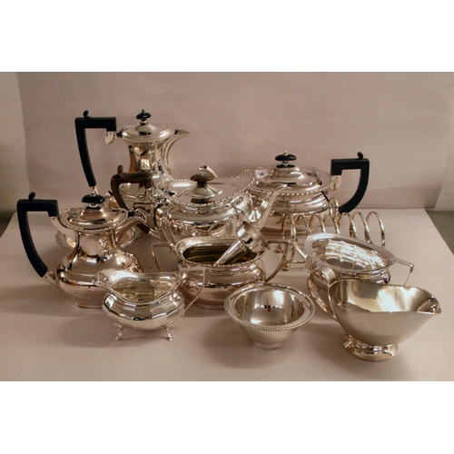 199 - Silver plate: to include a teapot of oval, ribbed form, on pad feet