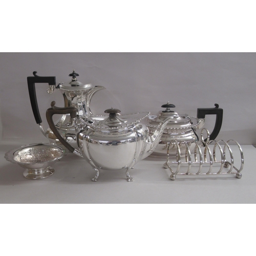 199 - Silver plate: to include a teapot of oval, ribbed form, on pad feet