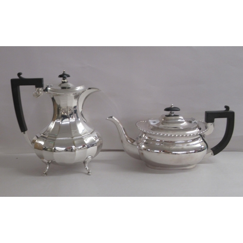 199 - Silver plate: to include a teapot of oval, ribbed form, on pad feet