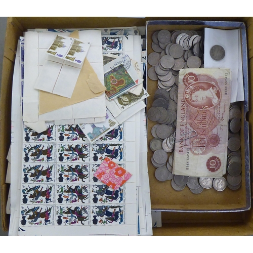 252 - Pre-decimal coins and uncollated postage stamps: to include mint sheets and seven ten shilling notes... 