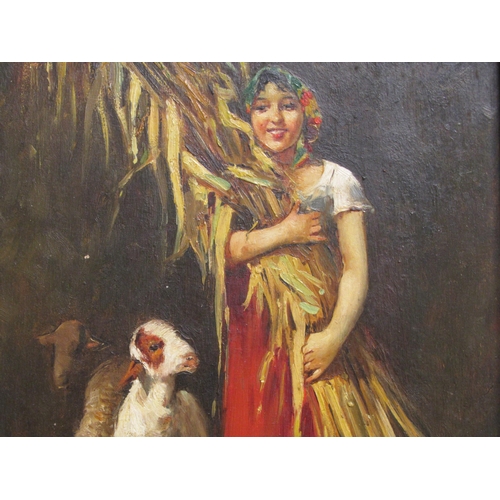 289 - N.Lozio - a farm girl with sheep  oil on board  bears a signature  11.5