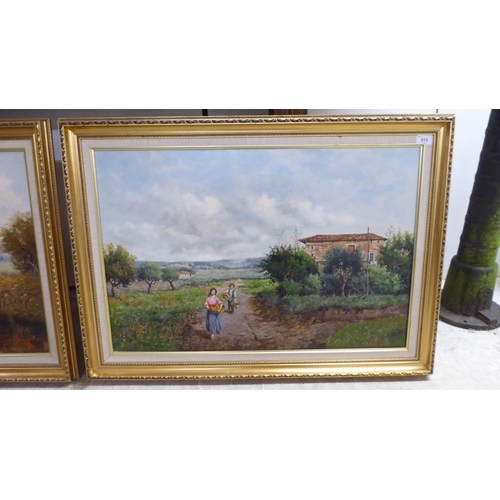 313 - Framed pictures: to include a Continental study, fruit pickers, on a dirt track  oil on canvas  20