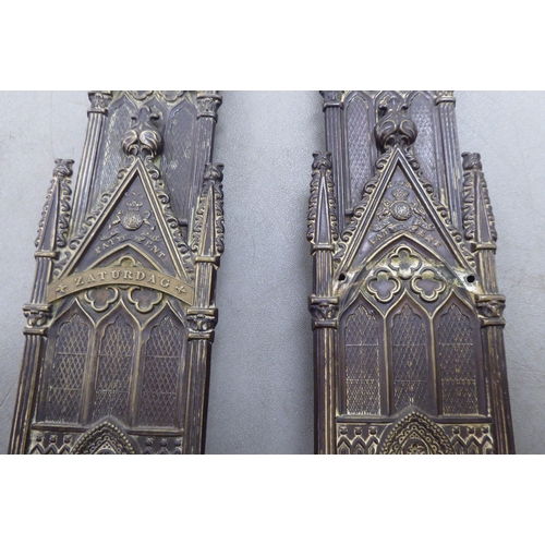 319 - A pair of Days patent brass desktop letter racks of Gothiic, architectural form  15