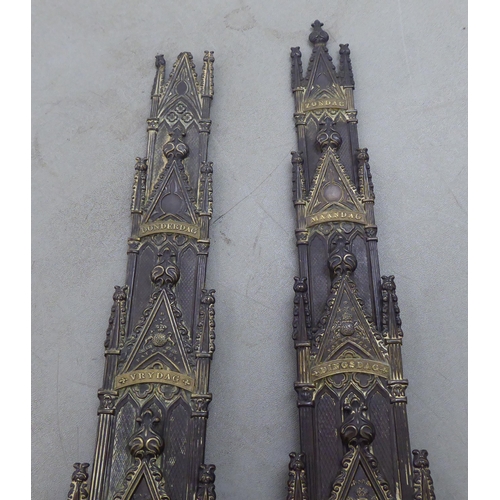 319 - A pair of Days patent brass desktop letter racks of Gothiic, architectural form  15