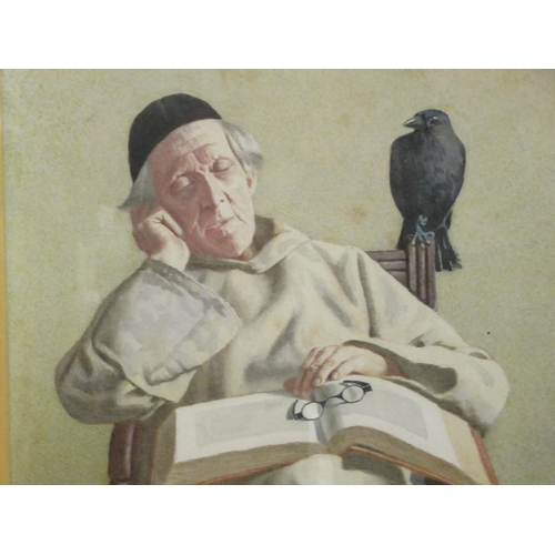 327 - JC Harrison - a seated priest sleeping with a crow perched on his chair and another with a crow look... 